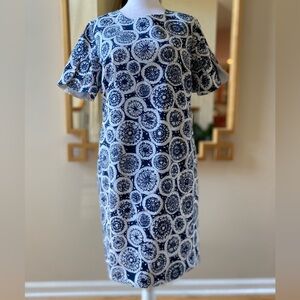 Trina Turk Womens Jacinta Sheath Dress Sz 10 White Navy Blue Short Sleeve